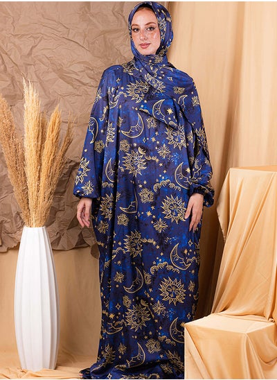 Buy Printed Satin Isdal Egyptian Blue - Gold For Women in Egypt