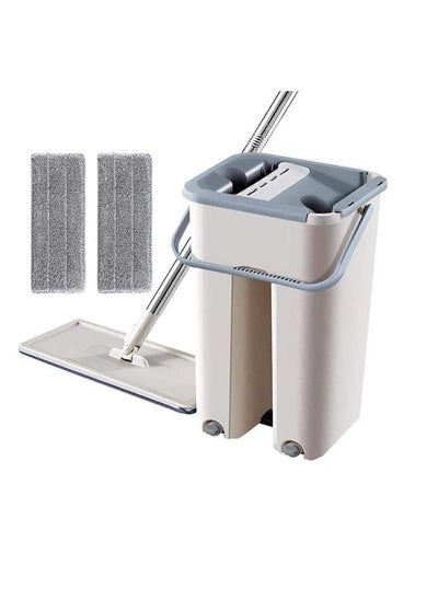 Buy Flat Squeeze Mop Bucket System with Hand Free Wash Microfiber Mop Pads Stainless Steel Pole Usage Hardwood Floor Cleaning Tools blue in UAE