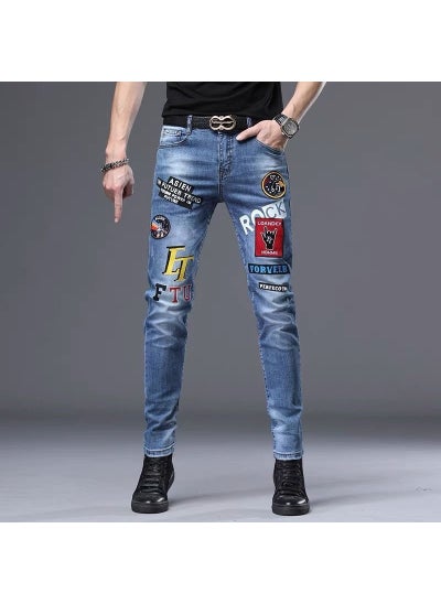 اشتري Autumn Trendy Printed Jeans Slim Fit Men Blue 5509 graffiti pants في السعودية