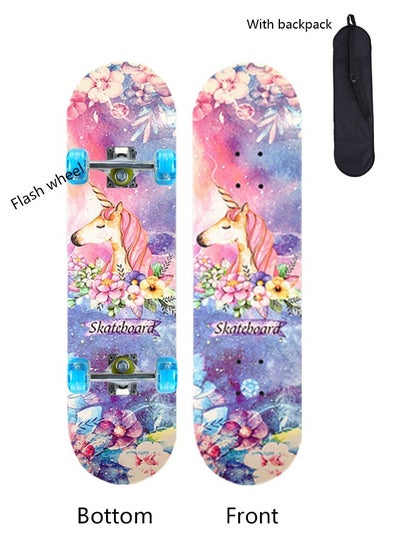 Buy Beginner Four Wheel Flash Skateboard 80*20cm with Backpack for Boys and Girls, 7-Layer Maple Double Kick Concave Skateboard for Kids and Adults in UAE