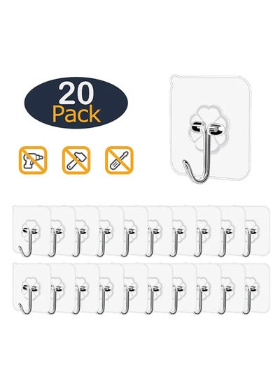 Buy 20 Piece Heavy Duty Wall Hooks Waterproof Self Adhesive Hook Transparent in Saudi Arabia