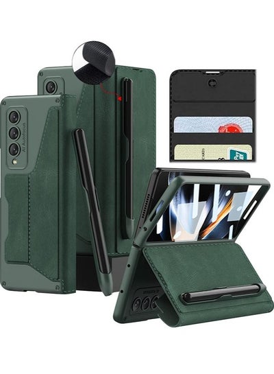 Buy Samsung Galaxy Z Fold3 Case with S Pen Holder and Card Slot Suitable for 2021 Galaxy Z Fold 3 5G Leather Kickstand Phone Cover (Green) in Saudi Arabia