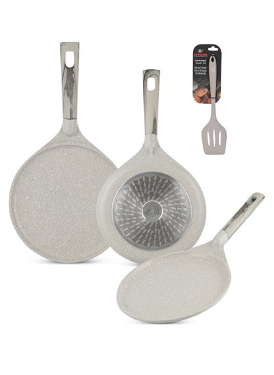 اشتري Crepe Pan Set with Silicone Turner -Die Cast Aluminum Body With Multi Layer Granite Non-Stick Coating | 100% PFOA FREE | Heat-Resistant Handle Hanging Loop (22/26/28 CM, Light Grey) في الامارات