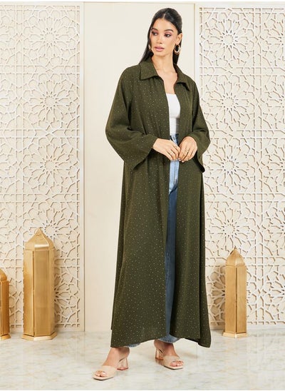 Buy Spot Print Front Open Collared Maxi Abaya in Saudi Arabia