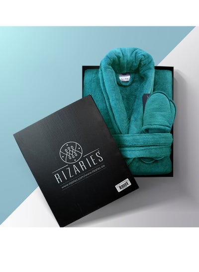 Buy Bathrobe - 100% soft cotton - Teal - 2 Pieces set in UAE