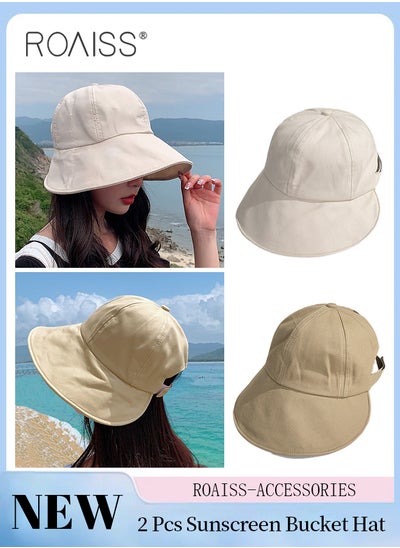 Buy 2 Pcs Sunscreen Bucket Hat for Women Wide Brim UV Protection Sun Hat Spring Summer Casual Travel Adjustable Packable Baseball Cap Ponytail Comfort Beige and Khaki in Saudi Arabia