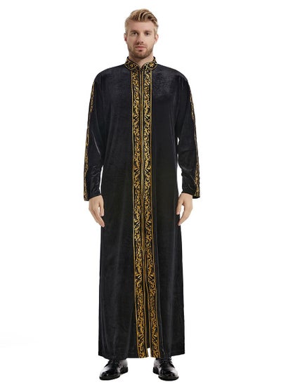 اشتري Men's Pleuche Embroidered Kaftan Islamic Arabic Kandora Robe Black/Gold في السعودية