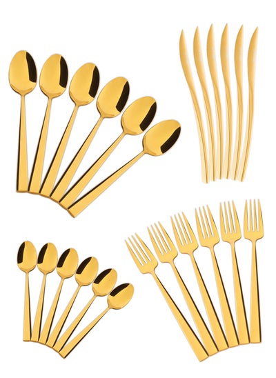 اشتري 24 Pieces Cutlery Set Service for 6 person,Pure Stainless Steel Flatware Set,Mirror Polished Cutlery Utensil Set Include Spoon/Fork/Dinner Knife/Tea Spoon(SHINE GOLD) في الامارات