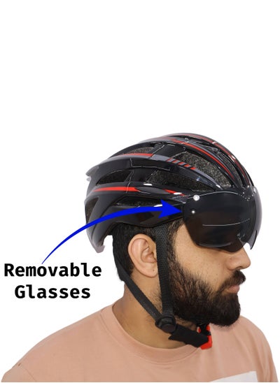 Buy Adjustable high quality adult safety Helmet With Removable Glasses and Back Red Light Indicator for Cycling Roller Inline Skating Biking Red and Black in UAE