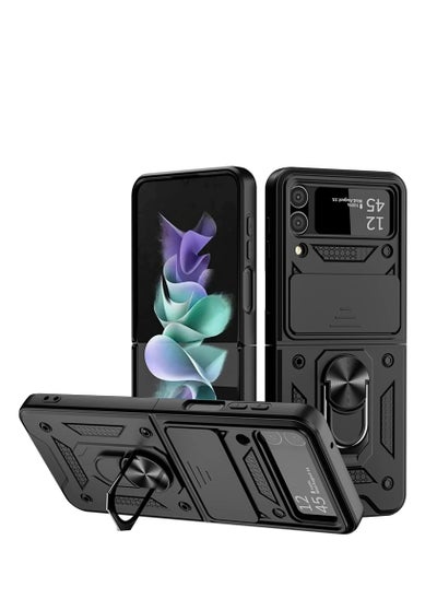 Buy ROCK POW Case for Samsung Galaxy Z Flip 4 5G with Slide Camera Cover, 360° Ring Kickstand Full Protection Rugged Armor Shockproof Phone Case Silicone Protective Cover, Black in UAE