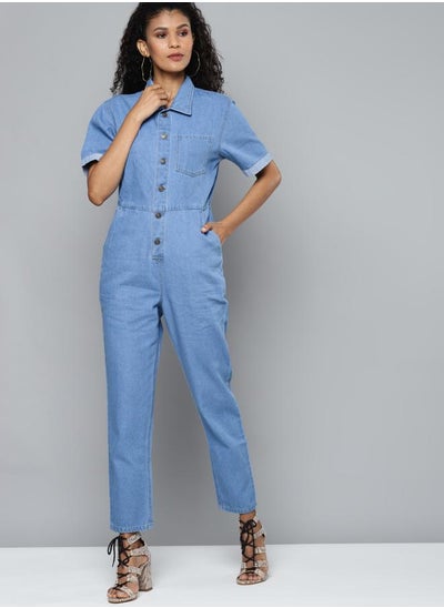 اشتري Collared Chest Pocket Detail Denim Jumpsuit في السعودية