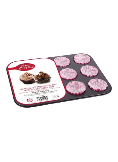 Buy 12-Cups Durable Carbon Steel Non-Stick Coated Muffin Pan with 60-Paper Cups Black 3 x 26.5 x 36 cm BC1051 in Saudi Arabia