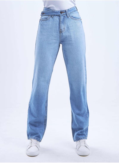 Buy High-Waist Light Wash Degrade Cross-Belt Straight Leg Jeans. in Saudi Arabia