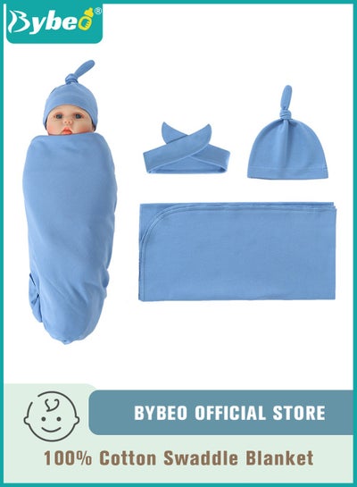 Buy 3 PCS Baby Swaddle Blanket, Newborn Swaddling Wrap + Headband + Hat Set Infant Receiving Blankets Sleepsack for Boys and Girls 100% Breathable Cotton in UAE