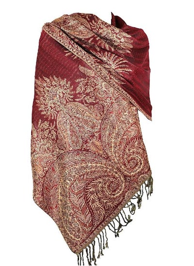 اشتري Achillea Luxurious Big Paisley Jacquard Layered Woven Pashmina Shawl Wrap Scarf Stole (Burgundy) في الامارات