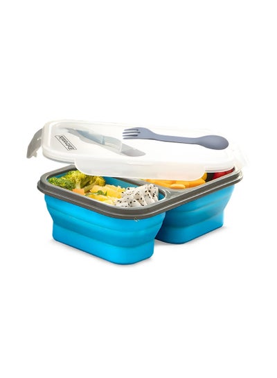 Buy Eatronix Lunch Box, Leakproof Bento Box for Kids Adults, Reusable & Collapsible Double Compartment Food Container with Double-Sided Fork & Spoon, Microwave & Dishwasher Safe - Blue in UAE