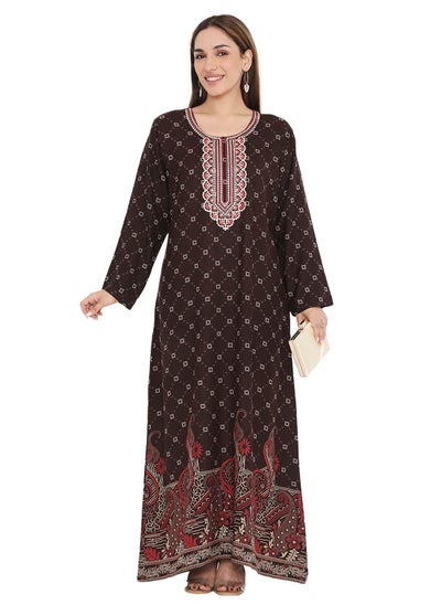 Buy LONG PRINTED VISCOSE WITH NECK EMBROIDERED ARABIC KAFTAN JALABIYA DRESS in Saudi Arabia