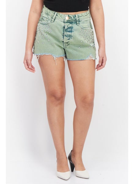 Buy Women Textured Denim Shorts, Green in UAE