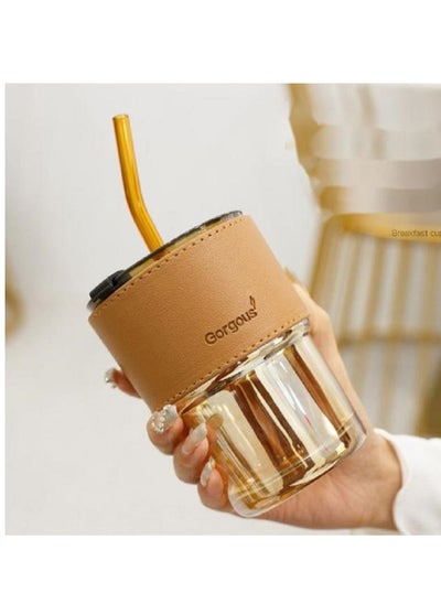 Buy 1 Piece Glass Mug With a Stylish Design Heat Resistant Leather Cover and a Drinking Hole and a Straw for all Cold and Hot Drinks Brown Color in Saudi Arabia