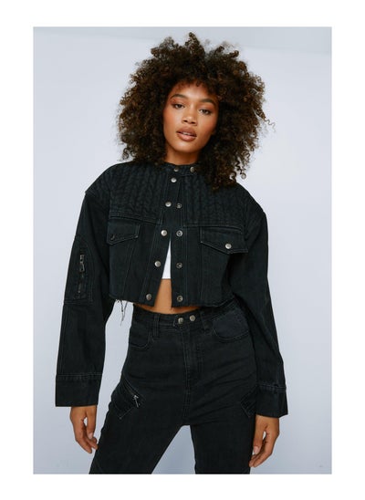 Buy Biker & Zip Detail Cropped Denim Jacket in Saudi Arabia