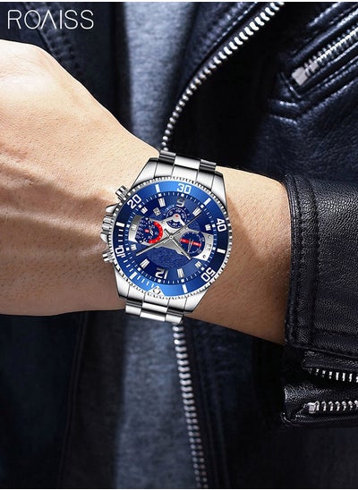 Buy Men's Stainless Steel Strap Quartz Watch Analog Display Round Blue Dial Watch with Small Dials Waterproof Luminous Casual Wristwatch as Gift in UAE