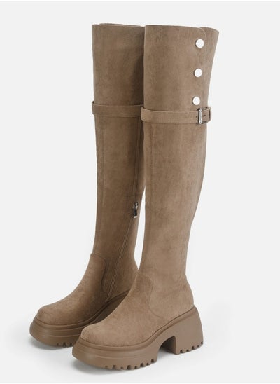 Buy Womens Thick Soled Round Toe Knee High Boots Foldable Long Suede Boots Khaki in Saudi Arabia