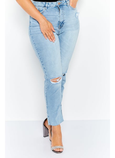 Buy Women Regular Fit Ripped Denim Jeans, Blue in UAE