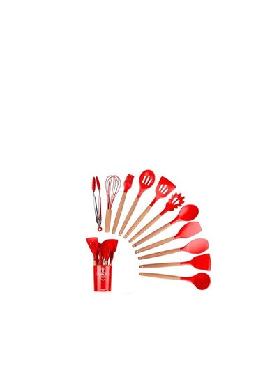 اشتري 12-Piece Heat Resistant Non-Stick Silicone Kitchen Distribution Set with Wooden Handle (Red) في مصر