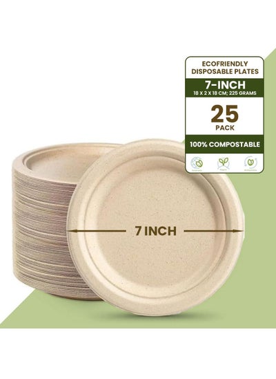 اشتري Ecoway [7 Inch - Pack Of 25] Disposable Plates Made With Bagasse Sugar Canes Microwave & Freeze Safe, Compostable & Biodegradable Dinner Plates, Everyday Tableware Strong & Large Brown في الامارات