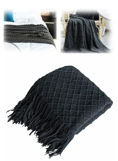 اشتري Acrylic Knitted Throw Blanket Lightweight and Soft Cozy Decorative Woven Blanket with Tassels for Travel Couch Bed Sofa Available All Year Round 51 x 67 Inch Dark Grey في السعودية