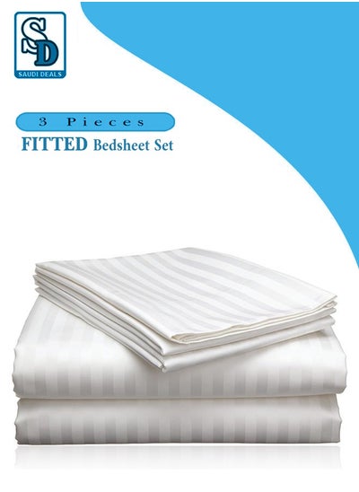 Buy Cozy 3-piece White Striped Bed Sheet Set with 16" Deep Pocket, Super Soft, Easy Care, Wrinkle-Free, Fade Resistant, Breathable Cotton Set, Fitted Sheet and Pillowcases (Single) in Saudi Arabia