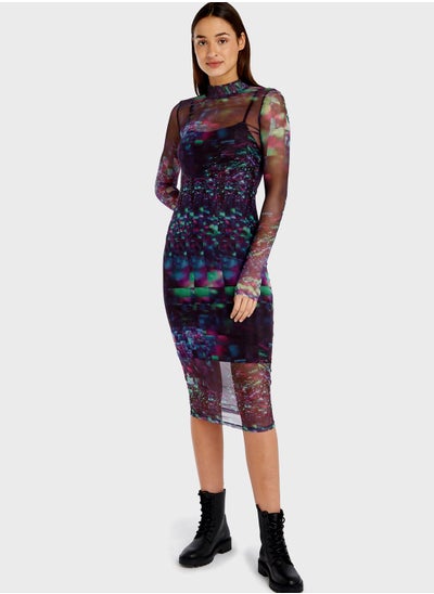 Buy High Neck Printed Mesh Dress in Saudi Arabia