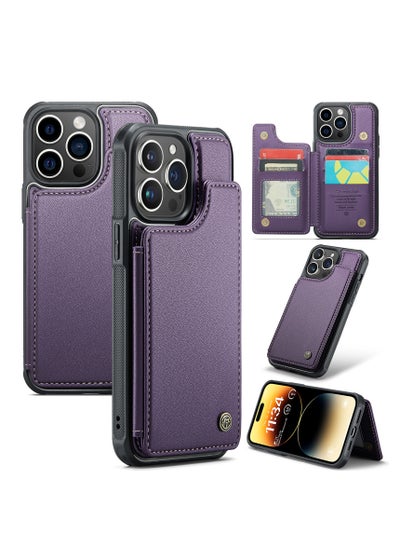 Buy Wallet Case for Apple iPhone 14 Pro Max, Premium Handmade Durable PU Leather Slim Shockproof Case with [Double Magnetic Clasp] [Card Holder] [Kickstand] [RFID Blocking] (Purple) in UAE