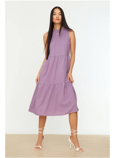 Buy Purple Straight Cut Stand Collar Midi Woven Woven Dress TWOSS20EL1864 in Egypt