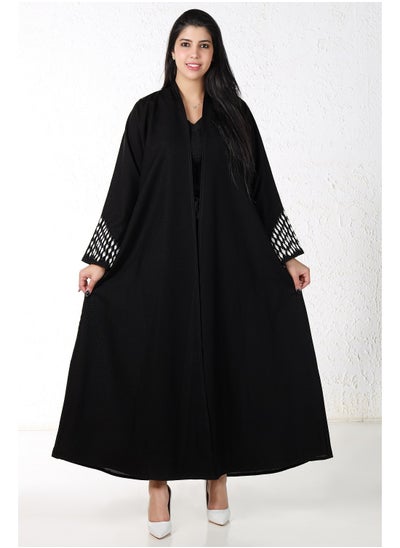 Buy Black abaya with white embroidery on the sleeves in Saudi Arabia