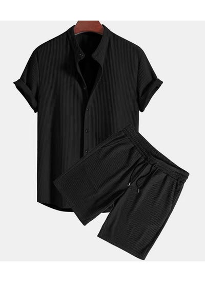 اشتري Summer 2024 Mens Solid Color Short Sleeve Shirt Set Black with pants في الامارات