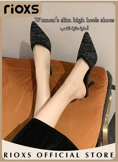 Buy Women's Mules Shoes Closed Pointed Toe Slip-On Backless Sandals Knitted Fashion Stiletto Slides For Work And Party in Saudi Arabia