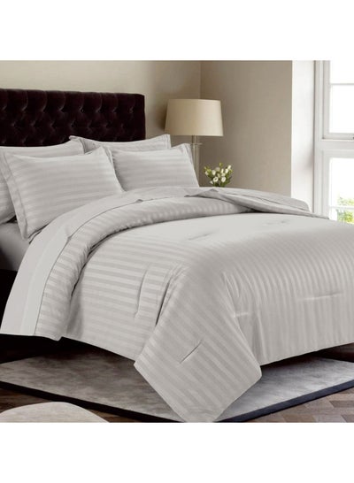 Buy 6-Piece Damask Stripes Hotel Style Comforter Microfiber Bartack Quilting King Size Gray 260x240 cm in Saudi Arabia