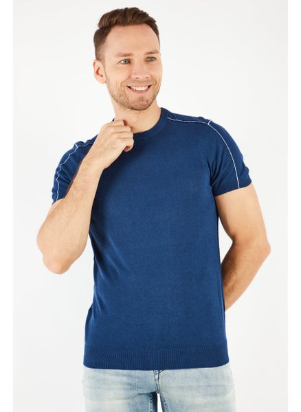 Buy Men Crew Neck Short Sleeve Knitted T-Shirt, Navy in UAE