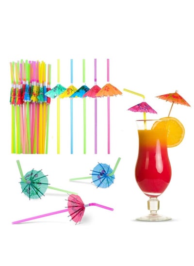 Buy 100 Pcs Umbrella Drinking Straws, Multicolored Tropical Fancy Mini Paper Umbrella Drink Disposable Bendable Drinking Straws in UAE