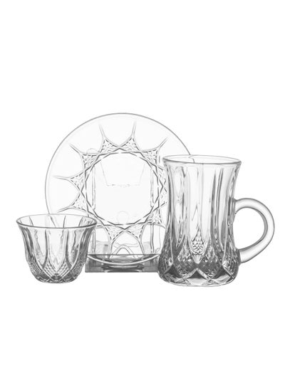 Buy 18-piece glass tea set consisting of 6 tea cups + 6 tea saucers + 6 cups in Saudi Arabia