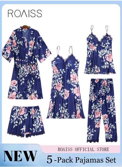 اشتري 5-Pack Women's Sleepwear Sets Sling Lace Nightdress Sweet Pajama Home Wearing Clothes Loungewear Suits Floral Printing Ladies Nightwear Lingerie Robe Underwear Shorts Summer Spring Blue في السعودية