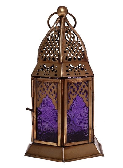 Buy HILALFUL Handmade Decorative Candle Lantern, Small | Suitable for Indoor & Outdoor Décor | Moroccon Arabian Style | For Home Decoration in Ramadan, Eid | Iron | Islamic Gift | Purple Glass in UAE