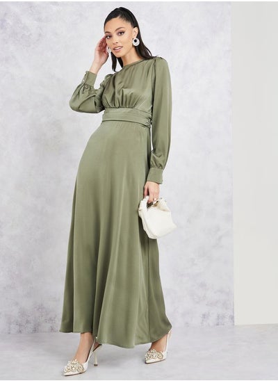 Buy Satin Gathered High Neck Long Sleeve A-line Maxi Dress in Saudi Arabia