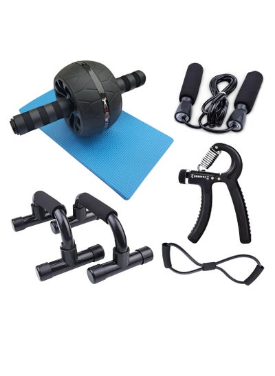 Buy Ab Roller Wheel Set 6-in-1 with Exercise Roller Wheel Hand Grip Trainer Knee Pad Push-up Bar Stretch Band Jump Rope Home Exercise Core Strength Fitness Equipment Full Body Workout in UAE