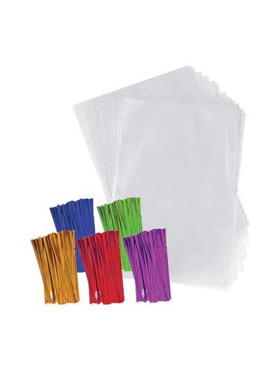 Buy Clear Plastic Cellophane Bags With 4" Colored Twist Ties For Gifts Party Favors (4"X6" 100 Pack) in UAE