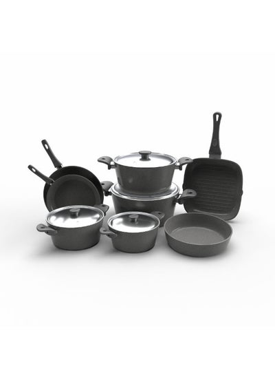 اشتري Top Chef Granite Set Of 12  Pots (18/20/24/28/Frying Pan 26/22/Oven Try 30/Grill 28) Gray في مصر