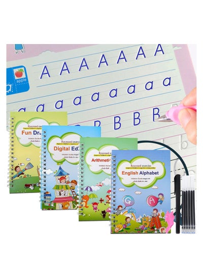 Buy Magic Copybook Reusable Handwriting Tracing Practice kit Preschool Calligraphy Set for Preschools Grooves Template Design and Aid 4 Books with Pens in UAE