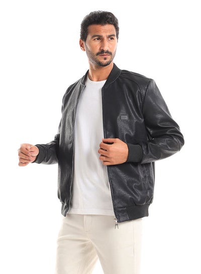 اشتري Mandarin Collar Hips Length Full Black Leather Jacket في مصر