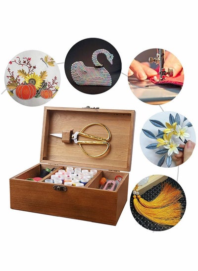 اشتري 124 PCS Sewing Kit Box Basket Wooden Vintage Accessories Organizer Tools Supply Case Repair Set Storage Threads Needles Scissors for Hand Machine DIY Craft Beginners Adults Kids Home Emergencies في الامارات